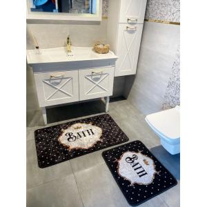2'li Bath Sloganlı Puantiyeli Banyo Paspası (Ebat 60X100 - 60X50) - Siyah